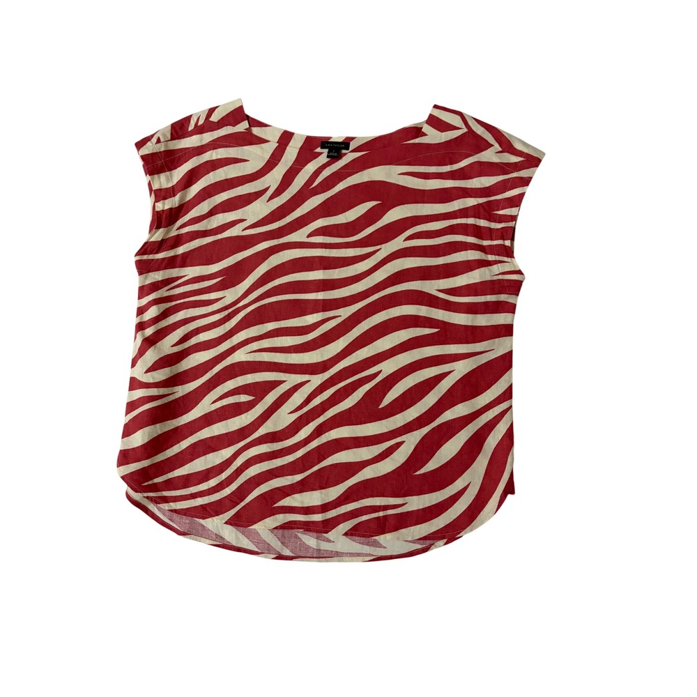 Ann Taylor Red Cream Zebra Print Linen Blend Boat Neck Shell Blouse S classic